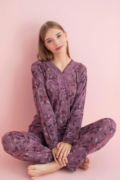 Kadın Dantel Yaka Bambu Uzun Kol Pijama Takımı 5205 - 1 Adet Mürdüm-L