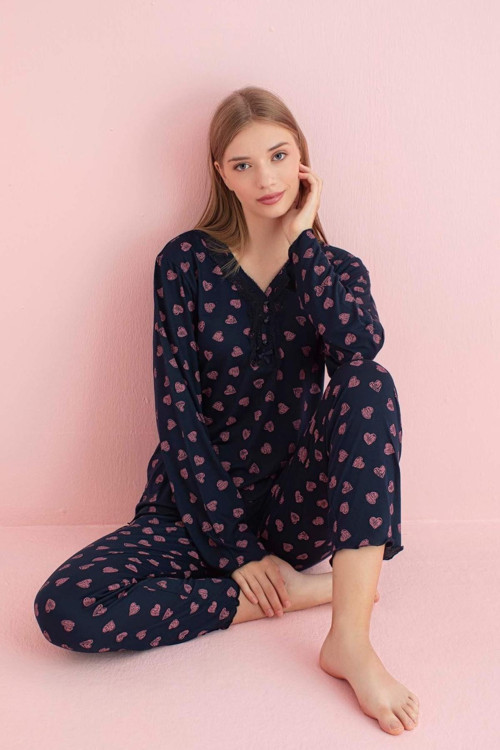 Kadın Dantel Yaka Bambu Uzun Kol Pijama Takımı 5209 - 1 Adet Koyu Lacivert-L