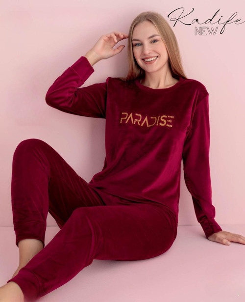 Kadın Kışlık Bisiklet Yaka Kadife Pijama Takımı 3017B - 1 Adet Bordo-L