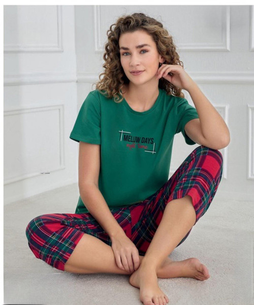 Kadın Bisiklet Yaka COMPACT PENYE Likralı KAPRİ Kısa Kol Pijama Takımı 90753Y - 1 Adet Yeşil-L