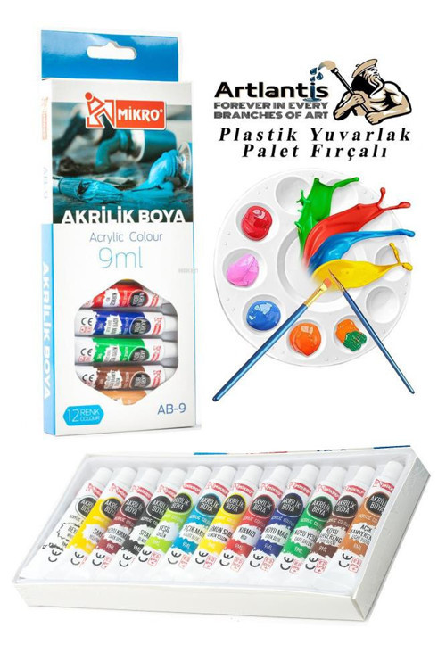 Akrilik Boya Mikro 12 Renk 9 Ml Tüp 1 Paket 12 Li Akrilik Boya Seti ve Yuvarlak Resim Paleti Fırçalı 1 Paket 10 Hazneli