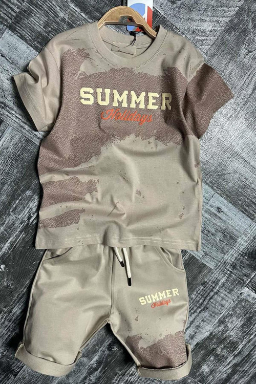 Erkek Çocuk Summer Yazı Baskılı Cep ve İp Detaylı Bej Şortlu Takım