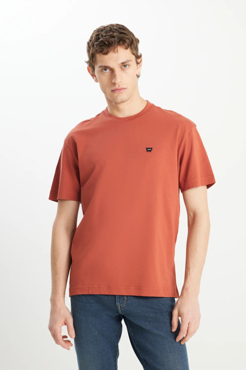 %100 Pamuk Relaxed Fit Geniş Kesim Minimal Logo Kiremit Tişört