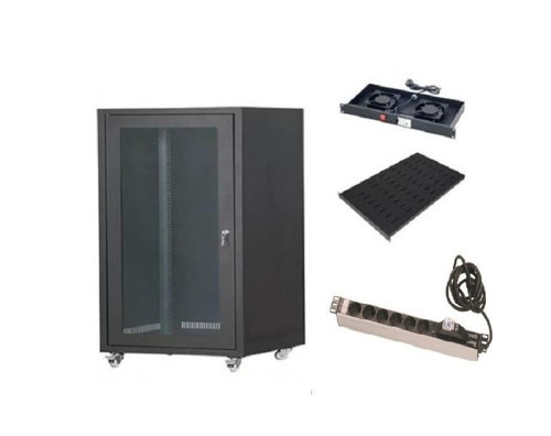 19'' 16U 600X600 CAMLI TEKERLEKLİ RACK KABİNET+FAN+SABİT RAF+PRİZ