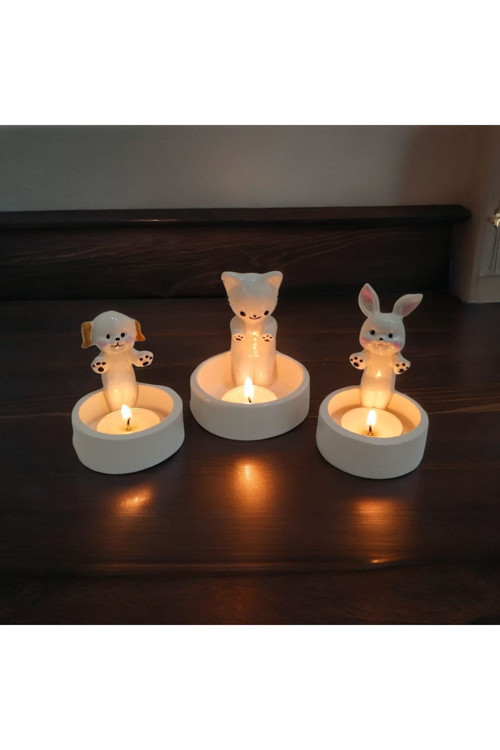 Dekoratif Ateş Başında Isınan Kedi Köpek Ve Tavşan Tealight Mumluk