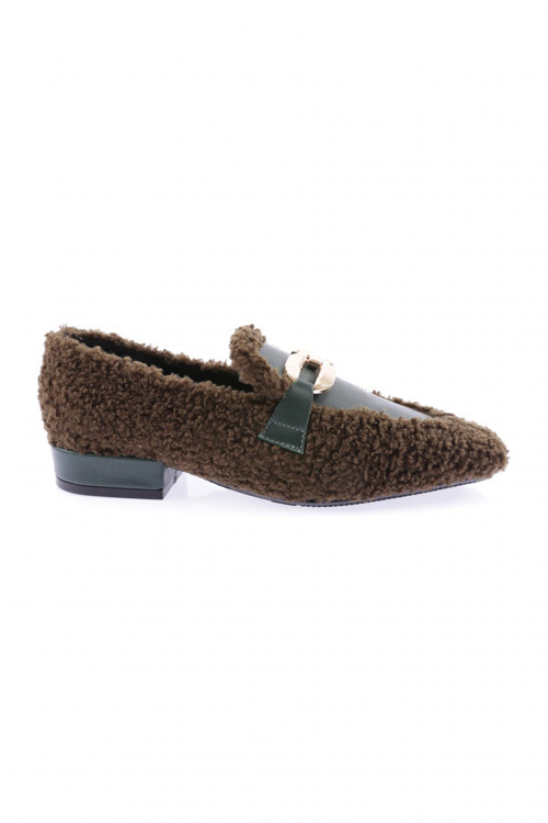 Metal Tokalı Peluş Kadın Loafer Ayakkabı Yeşil Peluş 6381535
