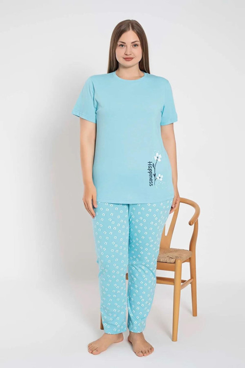Kadın Büyük Beden Bisiklet Yaka Kısa Kol Pamuklu Pijama Takımı 6083 -1 Adet