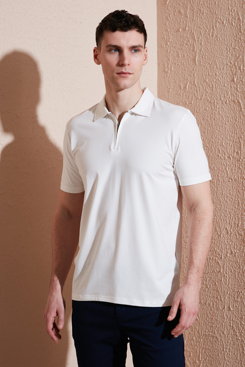 Pamuklu Regular Fit Yarım Fermuarlı Erkek Polo Yaka T Shirt 5902972 EKRU