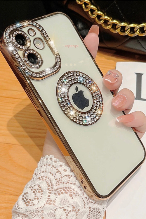 Iphone 12 Pro Kılıf Kamera Korumalı Taşlı Parlak Logo Açık Seffaf Kadın Kapak