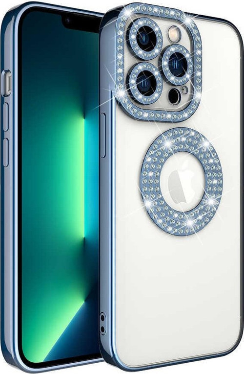 Iphone 12 Pro Kılıf Kamera Korumalı Taşlı Parlak Logo Açık Seffaf Kadın Kapak