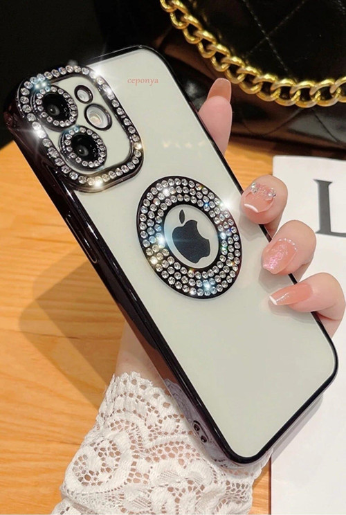 Iphone 12 Pro Kılıf Kamera Korumalı Taşlı Parlak Logo Açık Seffaf Kadın Kapak