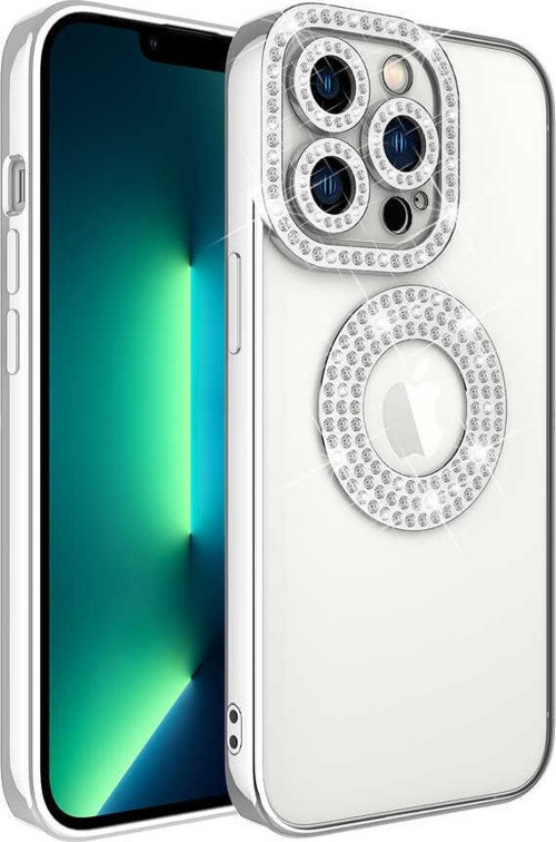Iphone 13 Pro Max Kılıf Kamera Korumalı Taşlı Parlak Logo Açık Seffaf Kadın Kapak