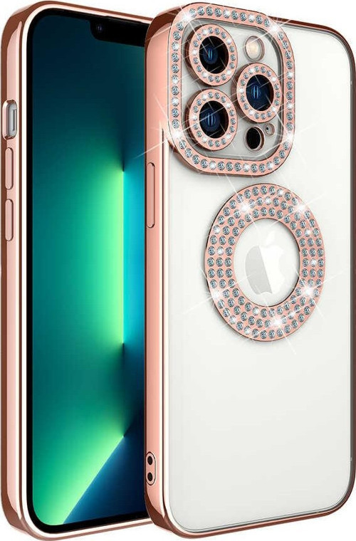 Iphone 13 Pro Max Kılıf Kamera Korumalı Taşlı Parlak Logo Açık Seffaf Kadın Kapak
