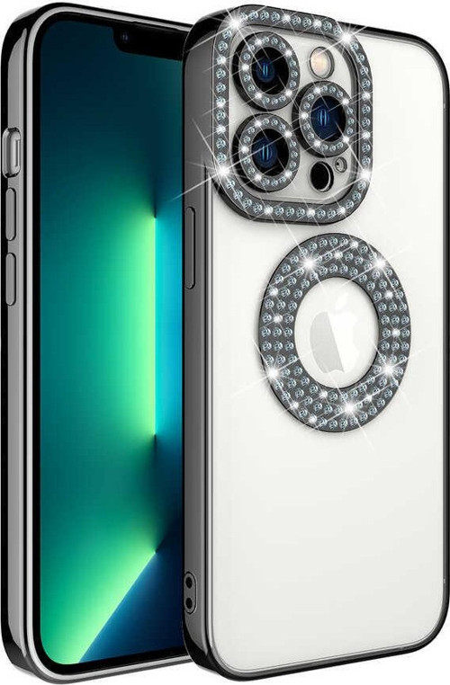 Iphone 13 Pro Max Kılıf Kamera Korumalı Taşlı Parlak Logo Açık Seffaf Kadın Kapak