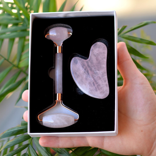 Pembe Kuvars Gua Sha ve Roller Masaj Taşı Seti