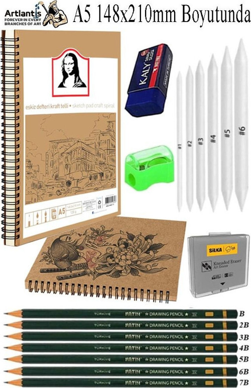 Telli A5 Kraft Eskiz Defteri Spiralli 50 Yaprak Karakalem Çizim Seti Sketch Pad Gölgelendirme Dereceli Kalem Yandan Açma