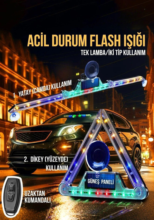 Reflektör Araç İçin Acil Durum 11 Farklı Çakar Led Deseni USB + Güneş Enerjili ve Kumandalı