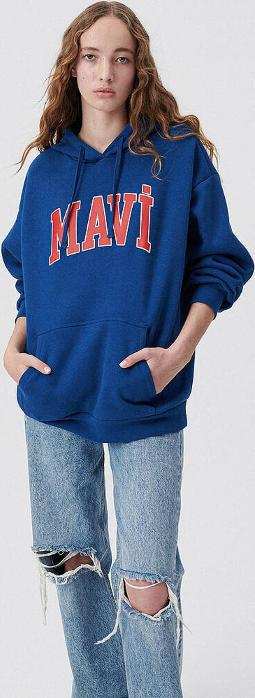 M1600361-82625-Fw Mavi Logo Kapüşonlu Sweatshırt Koyu L Kadın Sweatshirt