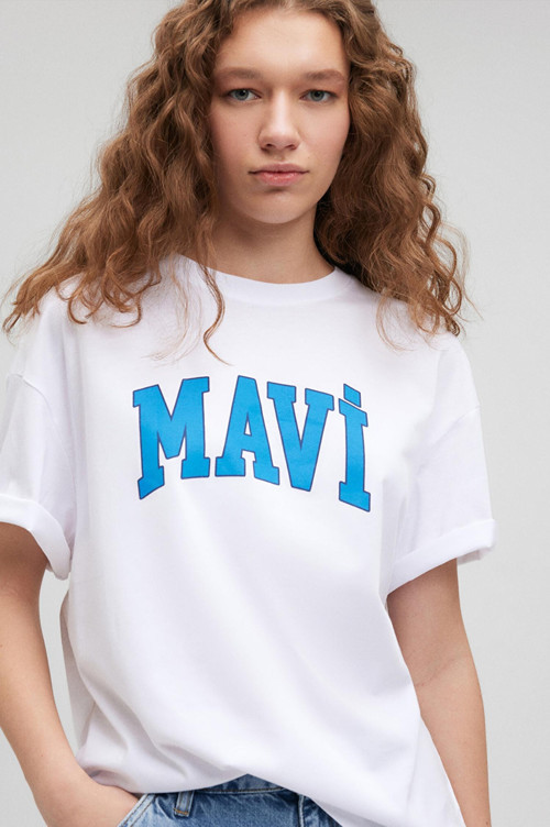 M1600843-70000 Mavi Baskılı Tişört Süt Beyaz Ss Kadın T-Shirt