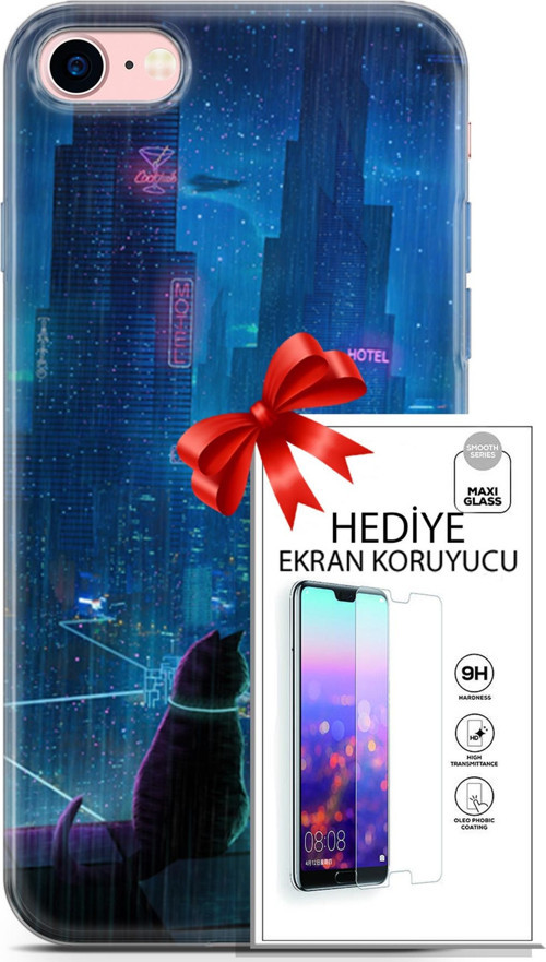 Apple İphone 7 - 8 Kılıf Orijinal Seri Cyberpunk 16 Cyber Cat Hediyelik Kılıf Ve Ekran Koruyucu
