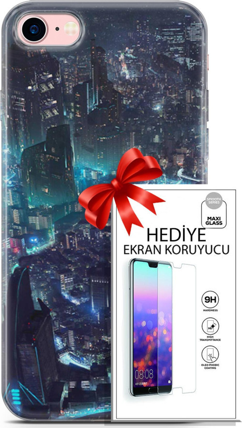 Apple İphone 7 - 8 Kılıf Orijinal Seri Cyberpunk 17 Işıklı Şehir Yumuşak Kılıf + Ekran Koruyucu