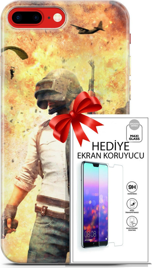 Apple İphone 7 Plus - 8 Plus Kılıf Orijinal Seri Pubg 29 Uçak Paraşüt Leke Tutmaz Kapak + Ekran Koruyucu