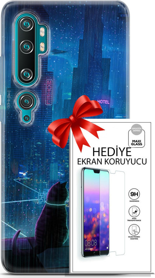 Xiaomi Mi Note 10 Kılıf Orijinal Seri Cyberpunk 16 Cyber Cat Hediyelik Kılıf Ve Ekran Koruyucu