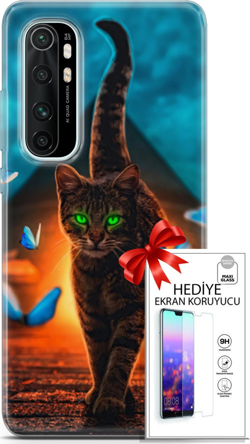 Xiaomi Mi Note 10 Lite Kılıf Orijinal Seri Algorand 09 Yeşil Neon Kedi Uv Kılıf Ve Ekran Koruyucu