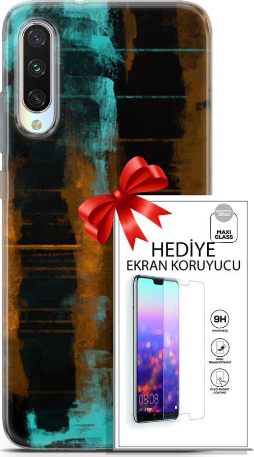 Xiaomi Mi A3 Kılıf Orijinal Seri Nature 05 Turkuaz Siyah Koruma Kılıfı + Ekran Koruyucu