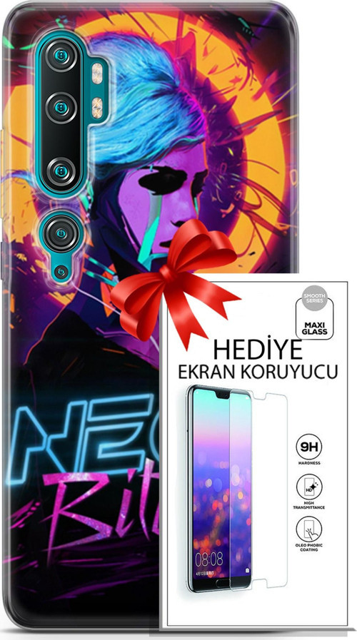 Xiaomi Mi Note 10 Kılıf Orijinal Seri Cyberpunk 25 Neon Soyulmayan Kılıf + Ekran Koruyucu Full Koruma