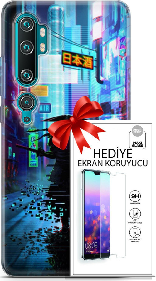 Xiaomi Mi Note 10 Kılıf Orijinal Seri Cyberpunk 29 Open Leke Tutmaz Kapak + Ekran Koruyucu