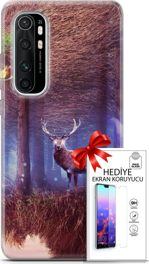 Xiaomi Mi Note 10 Lite Kılıf Orijinal Seri Algorand 15 Büyük Boynuzlar Kalın Silikon + Ekran Koruyucu