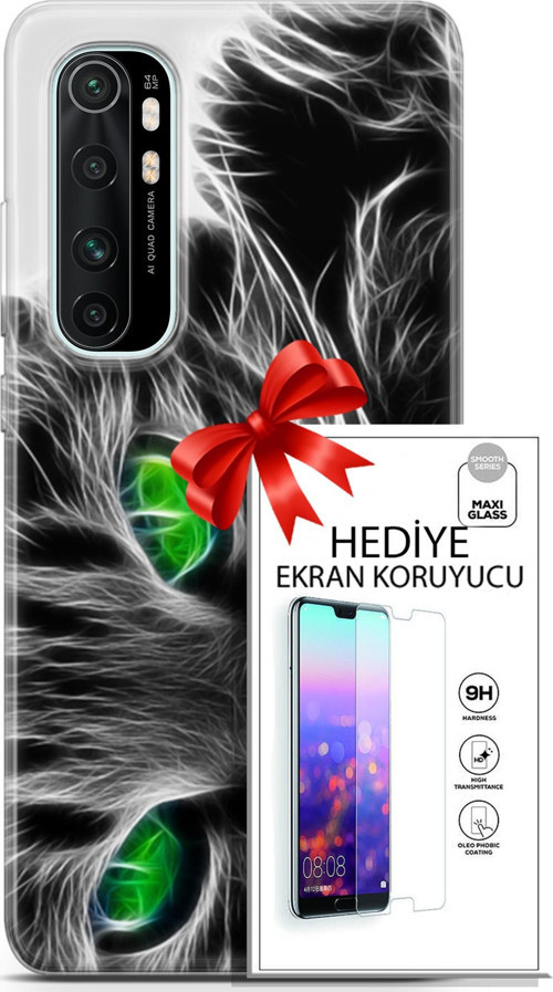 Xiaomi Mi Note 10 Lite Kılıf Orijinal Seri Scotish-British 27 Yeşil Gözlü Kedi Lazer Kesim Silikon Ekran Koruyucu