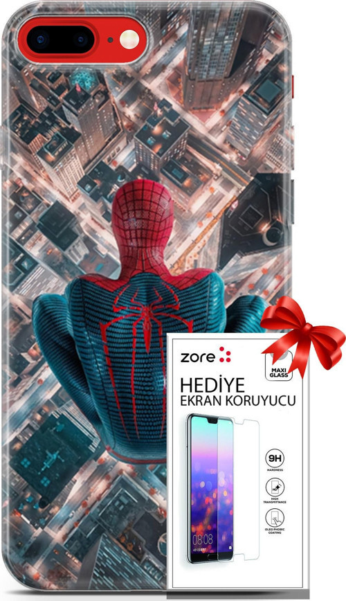 Apple İphone 7 Plus - 8 Plus Kılıf Orijinal Seri Supers 07 Spider Man Newyork Desenli Kılıf + Ön Ekran Koruyucu