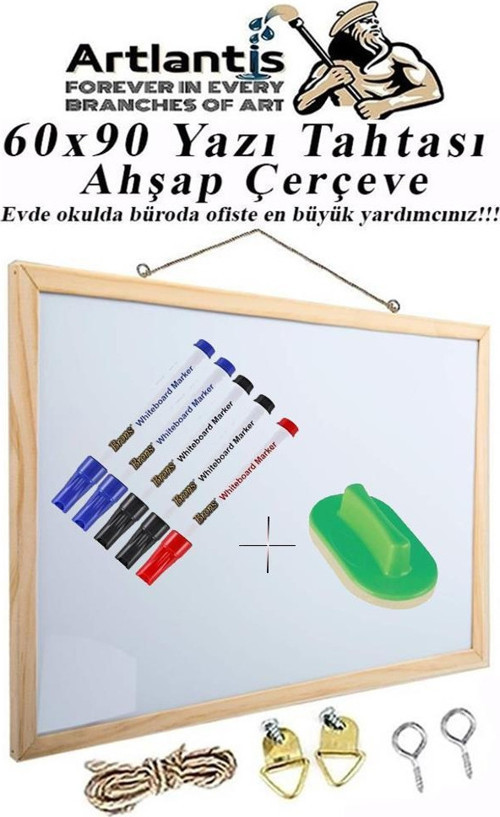 Duvara Monte Beyaz Yazı Tahtası 60x90 cm 1 Adet Yazı Tahta Kalemi ve Silgisi Laminant Yazı Tahtası
