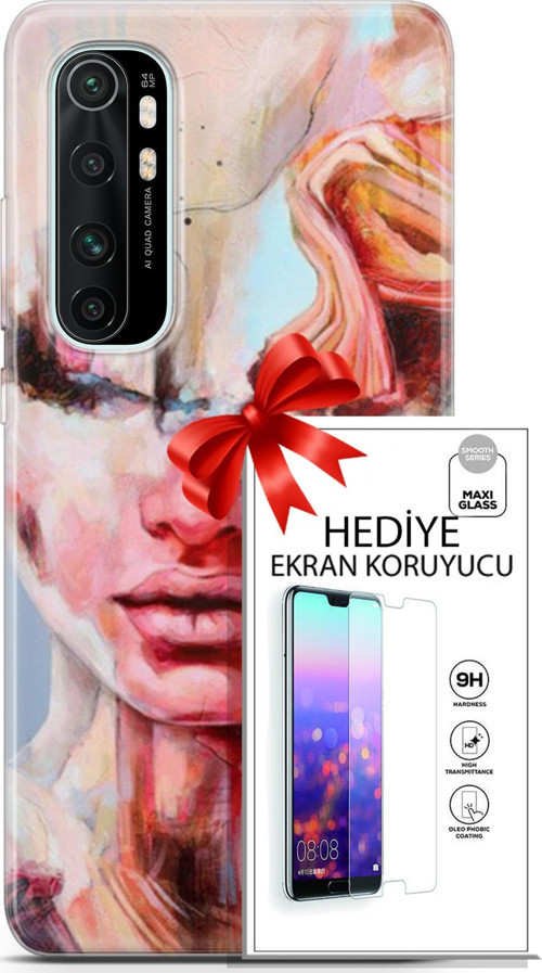Xiaomi Mi Note 10 Lite Kılıf Orijinal Seri Soul 14 Beyaz Kırmızı Cover Kılıf + Ön Ekran Koruyucu