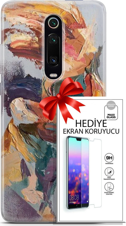 Xiaomi Mi 9T Pro Kılıf Orijinal Seri Soul 04 Soyut Silikon Kılıf + Ekran Koruyucu Full Korumaketi