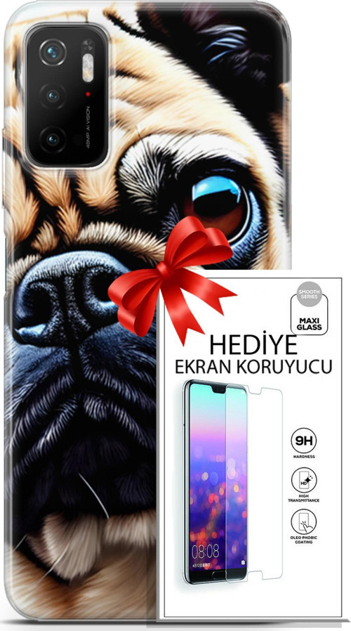 Xiaomi Poco M3 Pro 5G Kılıf Orijinal Seri Dogs 08 Pug Baskılı Kılıf + Ekran Koruyucu