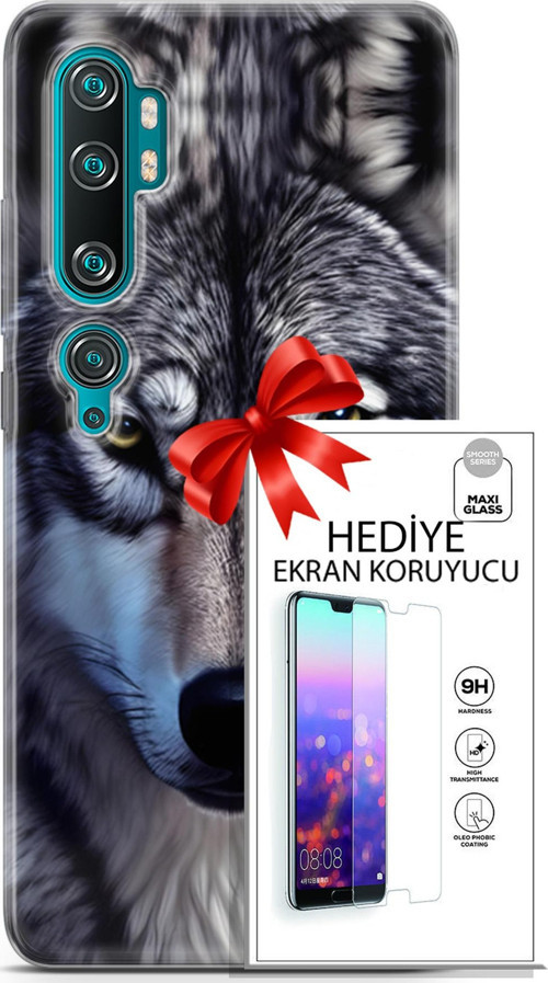Xiaomi Mi Note 10 Kılıf Orijinal Seri Dogs 07 Kurt Yüz Desenli Kılıf + Ön Ekran Koruyucu