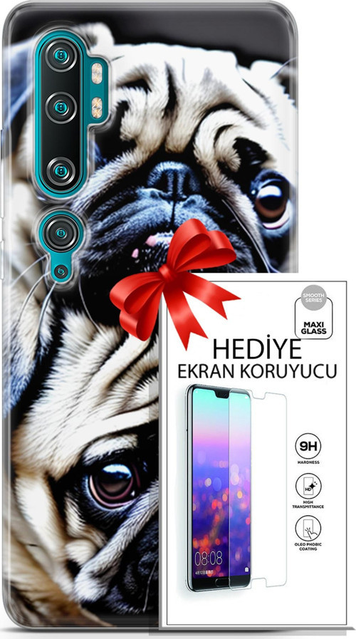 Xiaomi Mi Note 10 Kılıf Orijinal Seri Dogs 20 İkili Pug Renkli Kılıf Ekran Koruyucu
