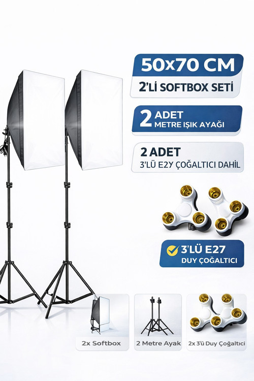 Softbox İkili Set 50x70Cm Sürekli Işık Seti 2 Metre Ayaklı 3'lü E27 Duylu Ürün Fotoğraf Çekim Işığı