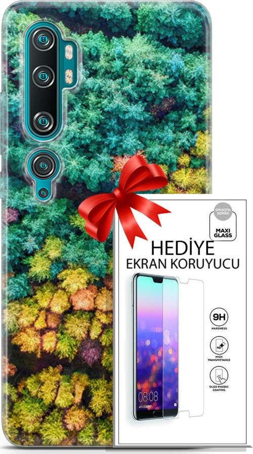 Xiaomi Mi Note 10 Kılıf Orijinal Seri Fantasy 08 Kuşbakışı Orman Baskılı Kılıf + Ekran Koruyucu