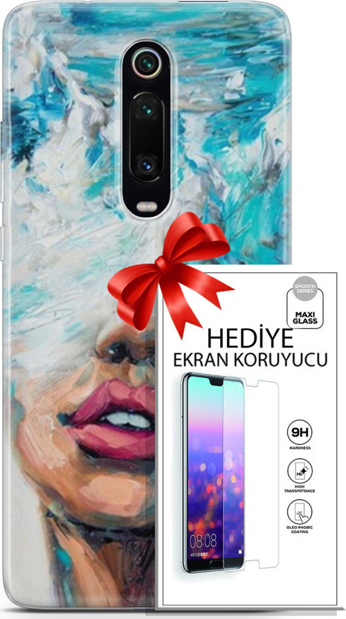 Xiaomi Mi 9T Pro Kılıf Orijinal Seri Soul 12 Beyaz Mavi Tasarım Kılıf + Ekran Koruyucu