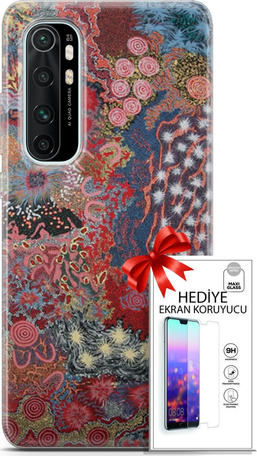 Xiaomi Mi Note 10 Lite Kılıf Orijinal Seri Cardano 07 Suluboya Desenli Kılıf + Ön Ekran Koruyucu