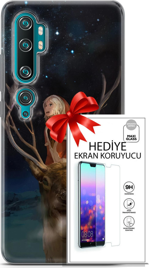 Xiaomi Mi Note 10 Kılıf Orijinal Seri Fantasy 18 Geyik Kız Parlak Kılıf + Ekran Koruyucu Full Koruma
