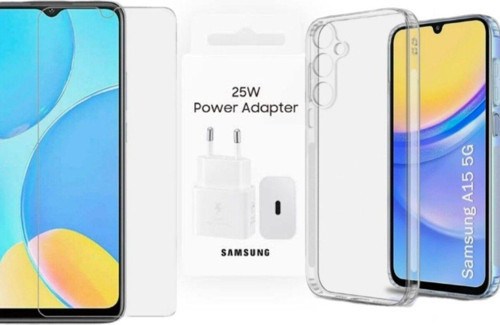 Samsung A15 Uyumlu 25w Şarj aleti, Şeffaf kılıf ve Ekran koruyucu