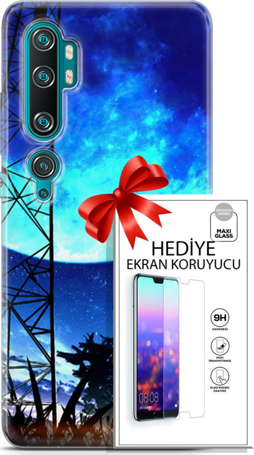 Xiaomi Mi Note 10 Kılıf Orijinal Seri Fantasy 24 Mavi Ay Darbe Emici Kılıf + Ekran Koruyucu