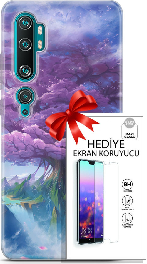 Xiaomi Mi Note 10 Kılıf Orijinal Seri Fantasy 27 Bahar Ağaç Lazer Kesim Silikon Ekran Koruyucu