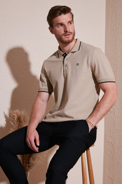% 100 Pamuk Düğmeli Slim Fit Erkek Polo Yaka T Shirt 5902118 VİZON