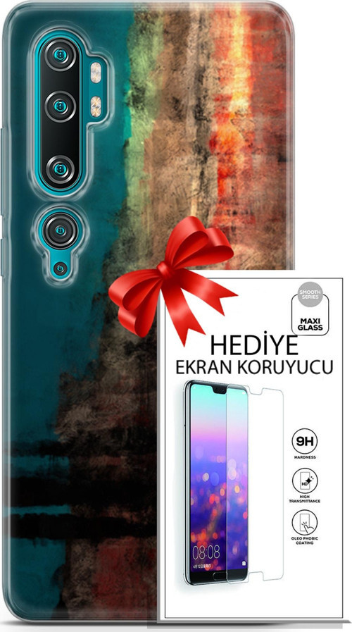 Xiaomi Mi Note 10 Kılıf Orijinal Seri Nature 03 Yeşil Turuncu Taş Arka Kapak + Ekran Koruyucu